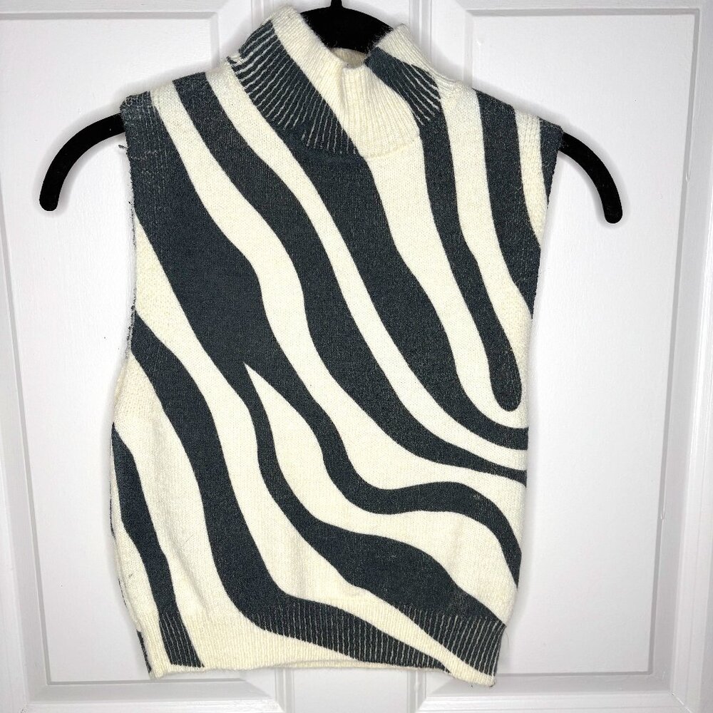 Monochrome Zebra Print Knit Mock Neck Vest